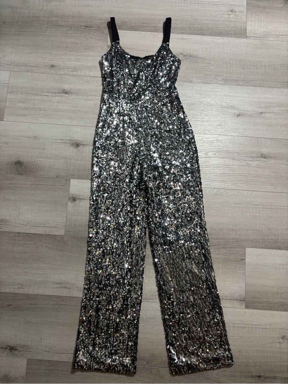Dress the Population Silver Sequin Wide Leg Jumpsuit Sz Small